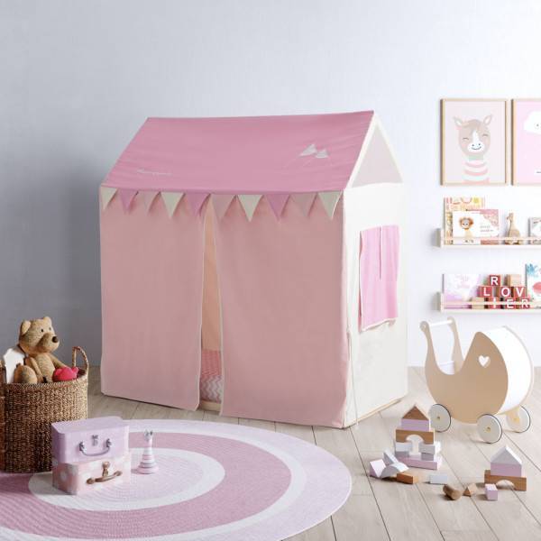 lit cabane montessori avec tente incluse rose et blanche