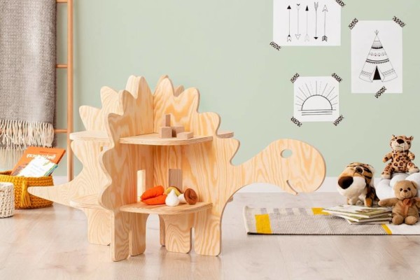 meuble étagère en forme de dinosaure dans chambre d'enfant