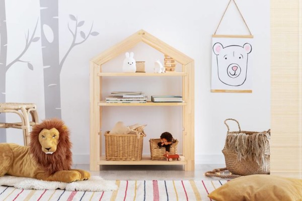 étagère bibliothèque montessori en forme de cabane dans chambre d'enfant